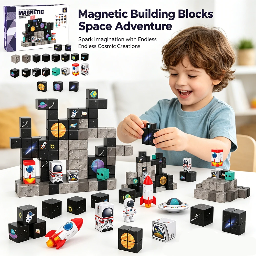 DIY 100-teiliges Magnetisches Weltraum-Bauklötze-Set für Kinder, STEM-Lernspielzeug, Geburtstags- und Reisegeschenk für Jungen und Mädchen Image