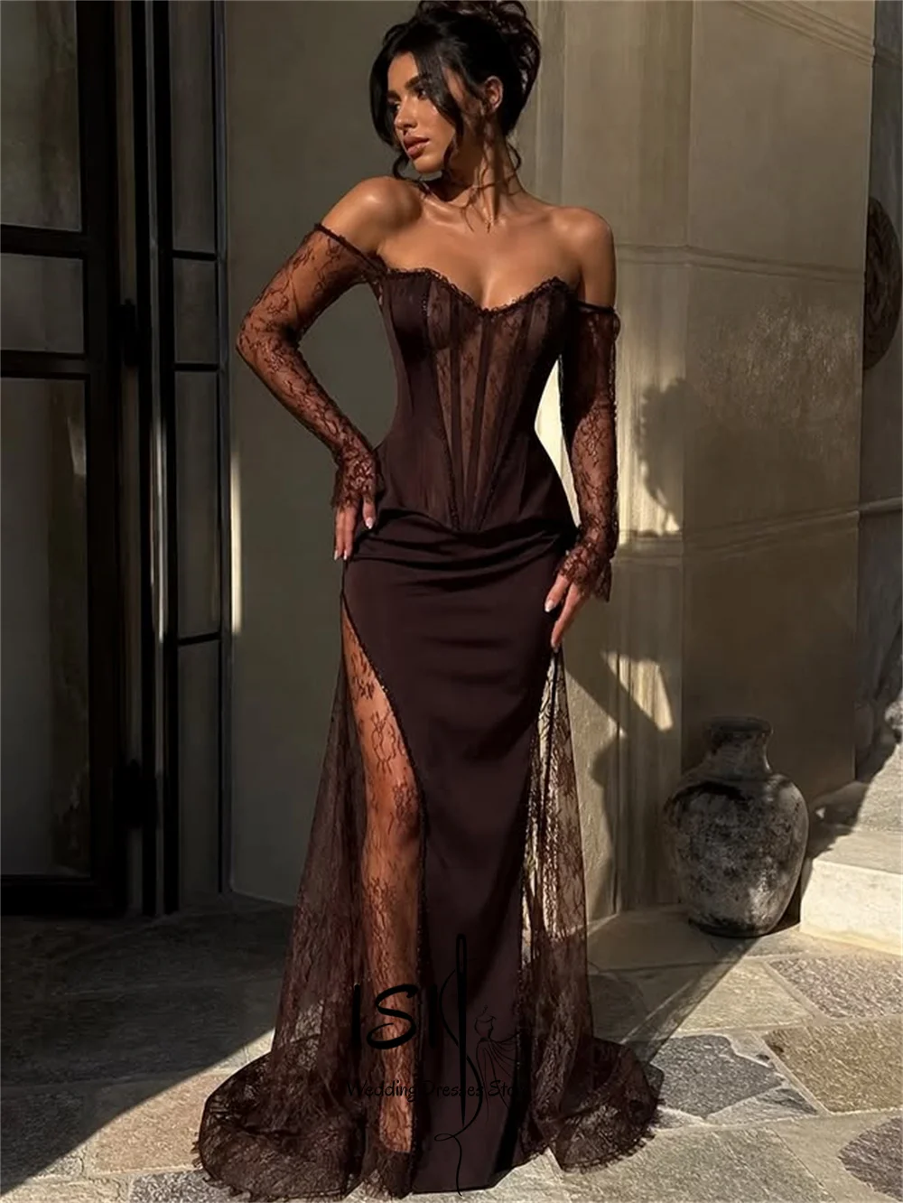 ISI Customized Black Off Shoulder Lace Long Sleeve Prom Dress Bodice High Split Gown Vestidos De Noche Elegant Fitted
