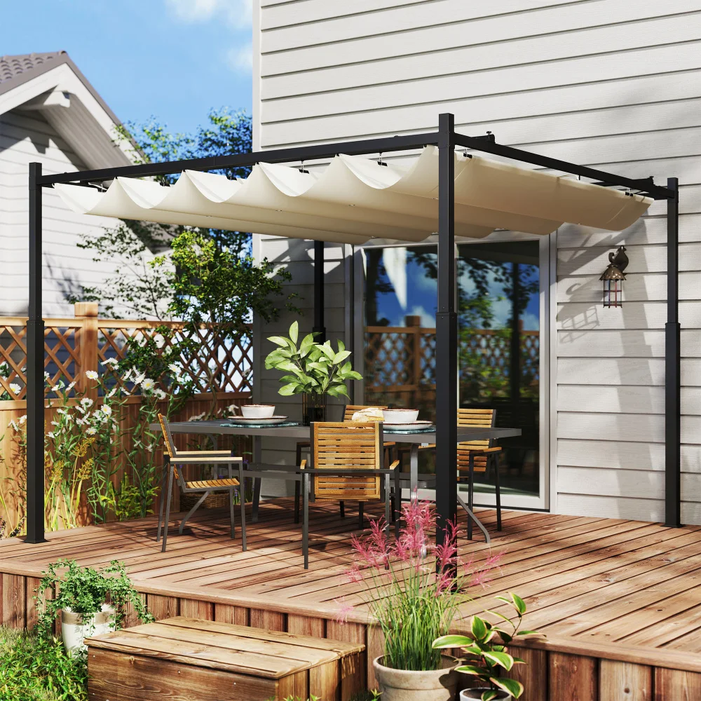 Pergola Outsunny ca. Pavillon de jardin 3x3m, auvent de terrasse en métal, pavillon de jardin avec toit réglable, autoportant, protection UV 30+, pour terrasse et jardin, blanc crème