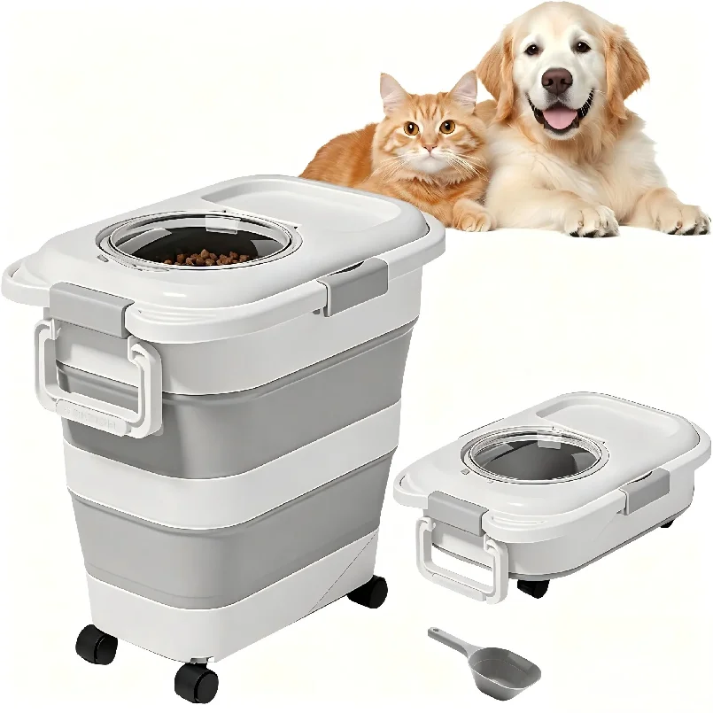 Conteneur de nourriture pour chien hermétique et pliable avec roues attachables, poignée portable et pelle à nourriture pour animaux de compagnie (aliments secs)
