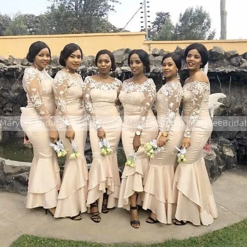 Customized High Low Champagne Bridesmaid Dresses With Long Sleeve Sheer Scoop Neck Tiered Satin Mermaid Robe De Soirée Longue