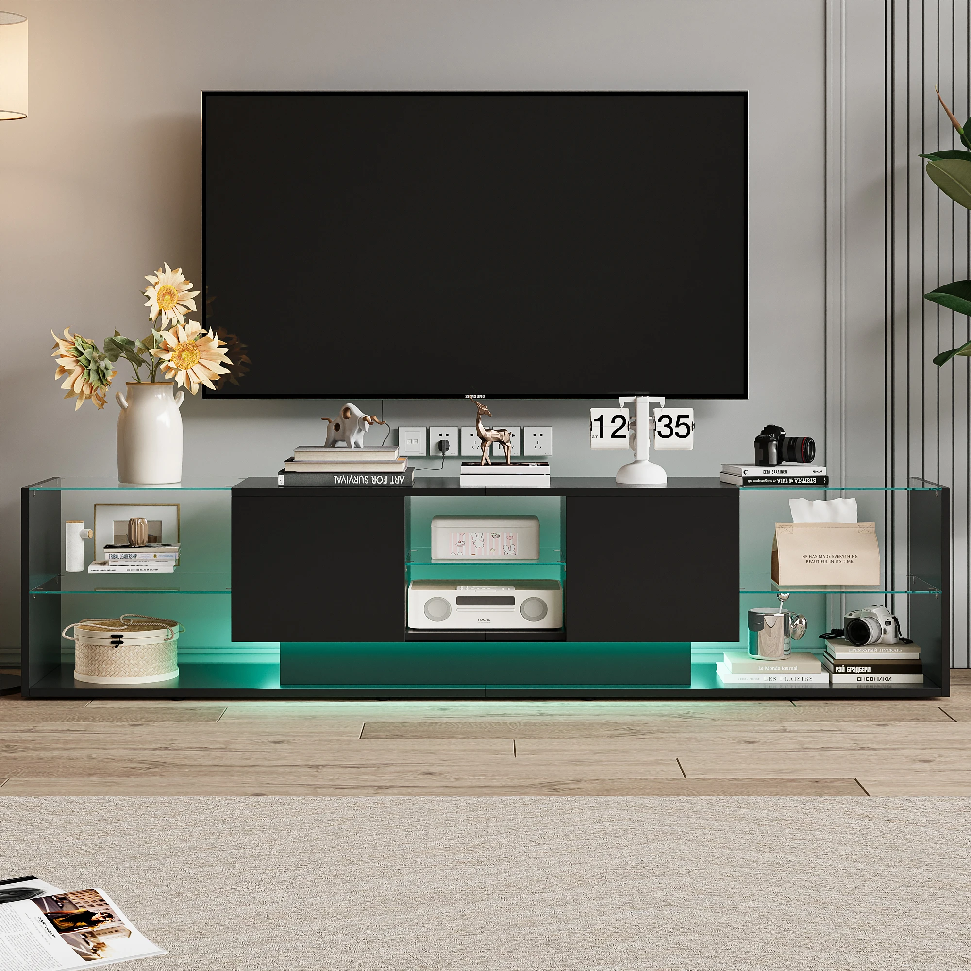 Meuble TV LED 200 cm, Meuble TV de Salon avec Éclairage LED, Table TV avec Étagères en Verre Trempé et 2 Tiroirs, Meuble TV Moderne pour Salon, Meuble tv Bas Rangement pour Salon, Chambre, 200x35x45