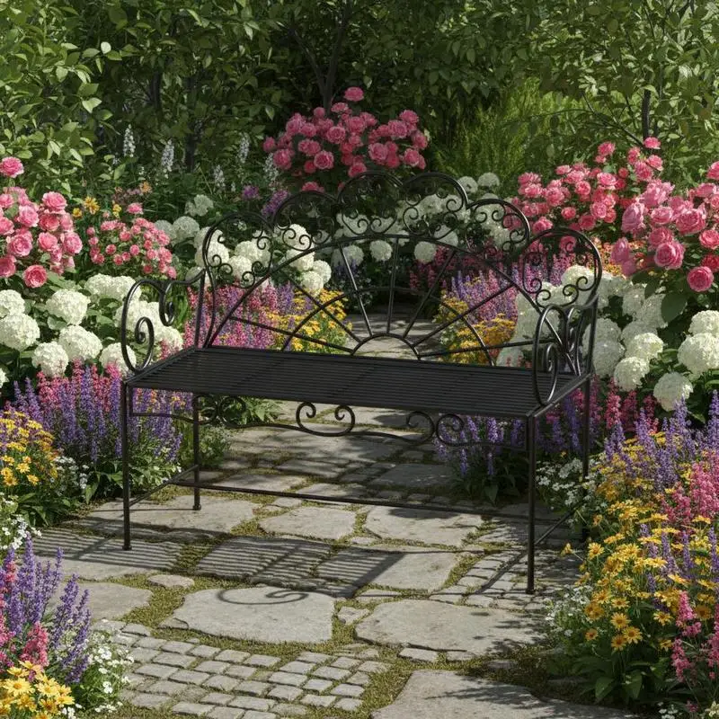 Banc de jardin 2 places robuste, banc de parc antirouille, mobilier de jardin pour terrasse, jardin et autres espaces extérieurs 107cm x 55.5cm x 92cm, Noir