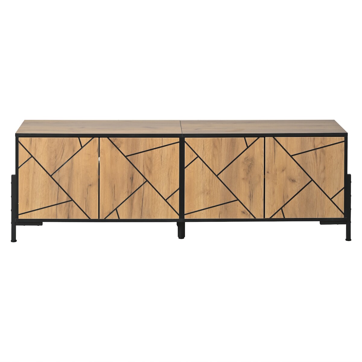 MODFU TV-Lowboard MDF Naturholz/Schwarz 153x40x50 cm mit 4 Türen, für TVs bis ca. 65 Zoll Image