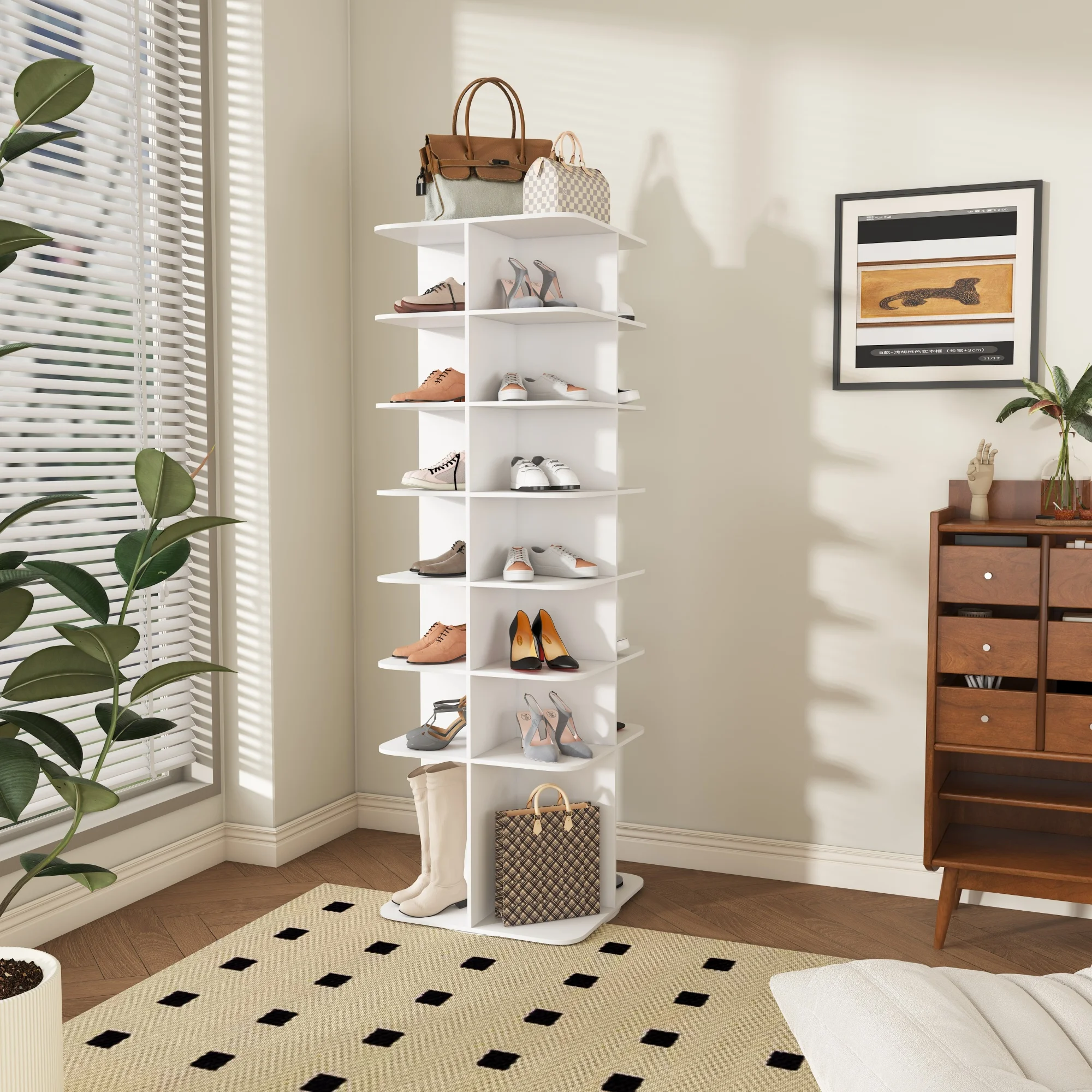 Weißes 7-stöckiges 360-Grad-Regal ° Drehbarer Schuhständer – Freistehender Schuh-Organizer-Turm mit hohem Boden – Platzsparende Lazy-Susan-Aufbewahrung für bis zu 28 Paar Schuhe – Robust, einfache