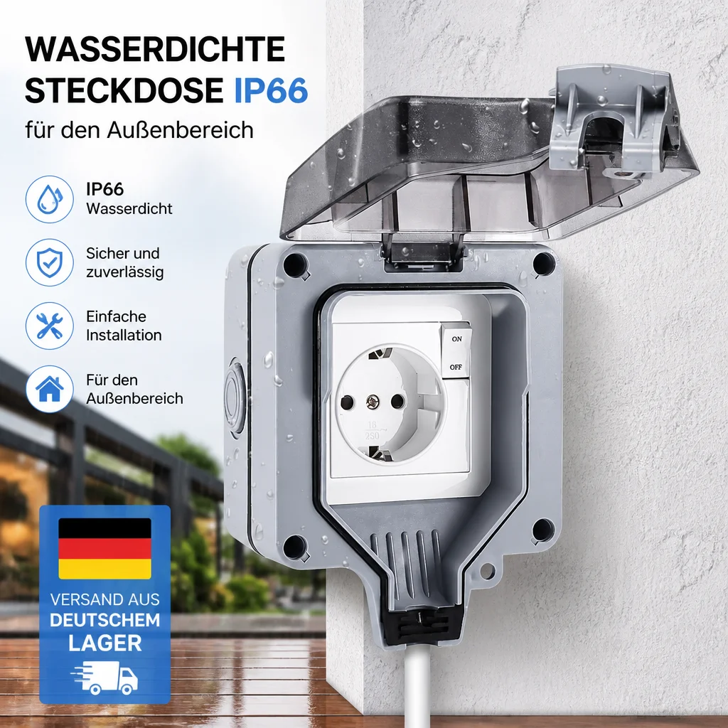 Wasserdichte Außensteckdose 1-fach mit Schalter und Anzeigeleuchte IP66 Wasserdichte Außensteckdose für Nassräume Aufputz-Gartensteckdose Abschließbare Außensteckdose mit Klappdeckel Image