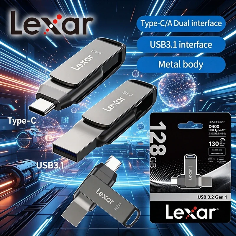 Original Lexar JumpDrive D400 Dual-USB-Stick Typ C/A Speicherstick 32GB 64GB 128GB 256GB USB Typ C Disk Dual-Flash-Laufwerk für PC Image