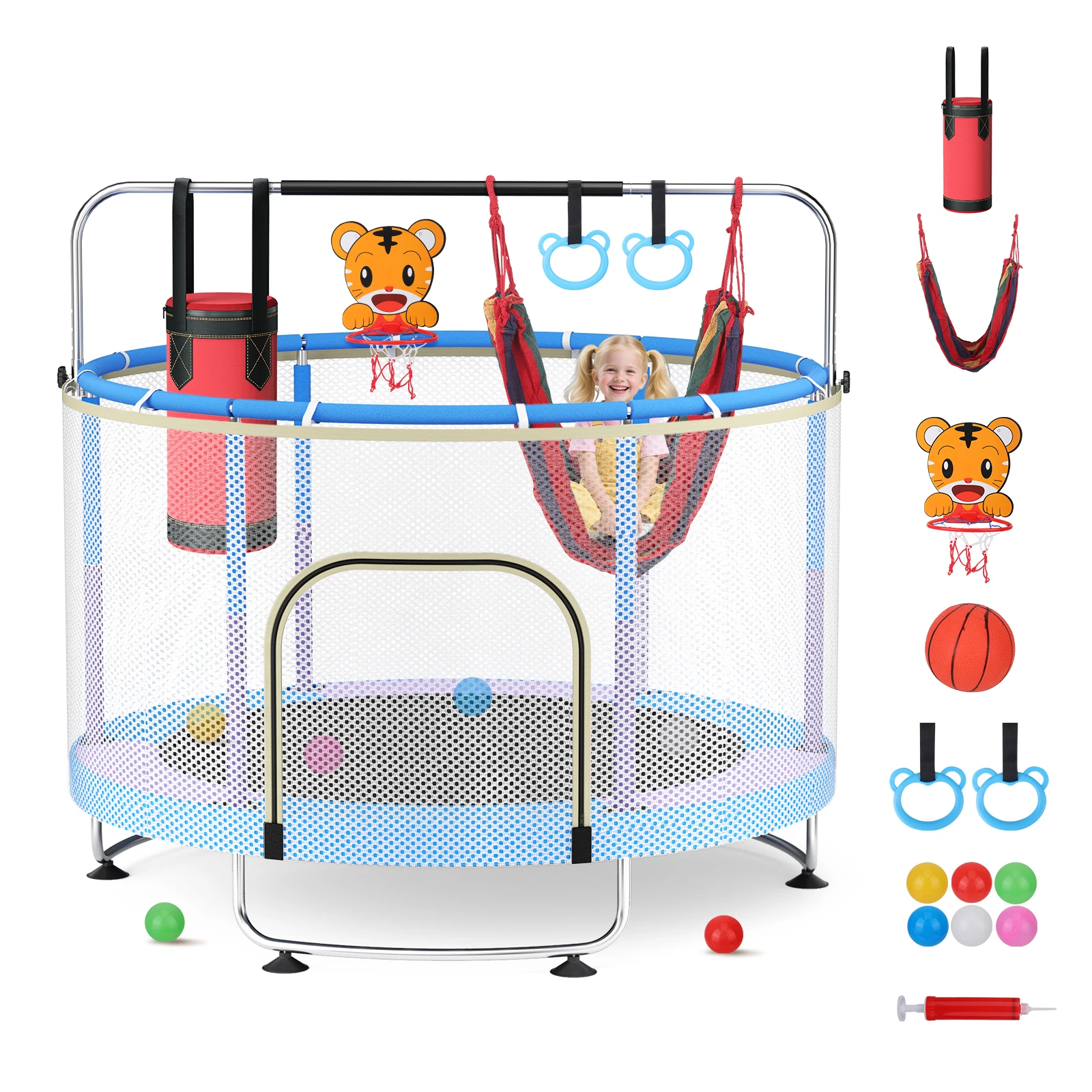 150 cm Kinder-Trampolin, verstellbares Baby-Kleinkind-Trampolin mit Basketballkorb, Schaukel, Sandsack, Ozeanbälle, 330 lbs drinnen und draußen Image