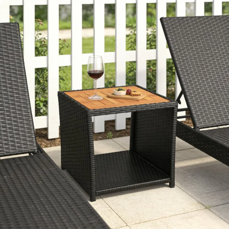 Beistelltisch, Sofatisch, Zusatztisch, schwarzes Polyrattan und Massivholzrahmen, 45x45x40 cm, moderner, vielseitiger Outdoor-Terrassentisch für Balkon, Garten, Terrasse, Rasen, Hinterhof,