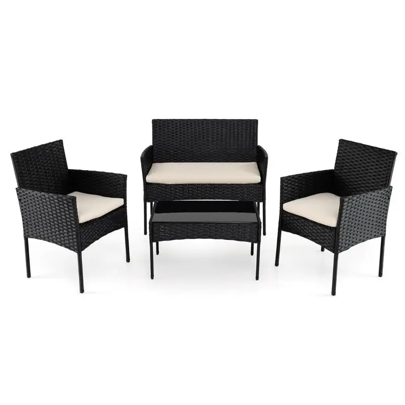 Rattan-Gartenmöbel-Set mit 2 Stühlen, Bank, Tisch & Kissen, Sitzgruppe, Gartenmöbel-Set, beige, wasserdicht, wetterfest, Outdoor-Sitzmöbel für Garten, Terrasse, Camping, Picknick