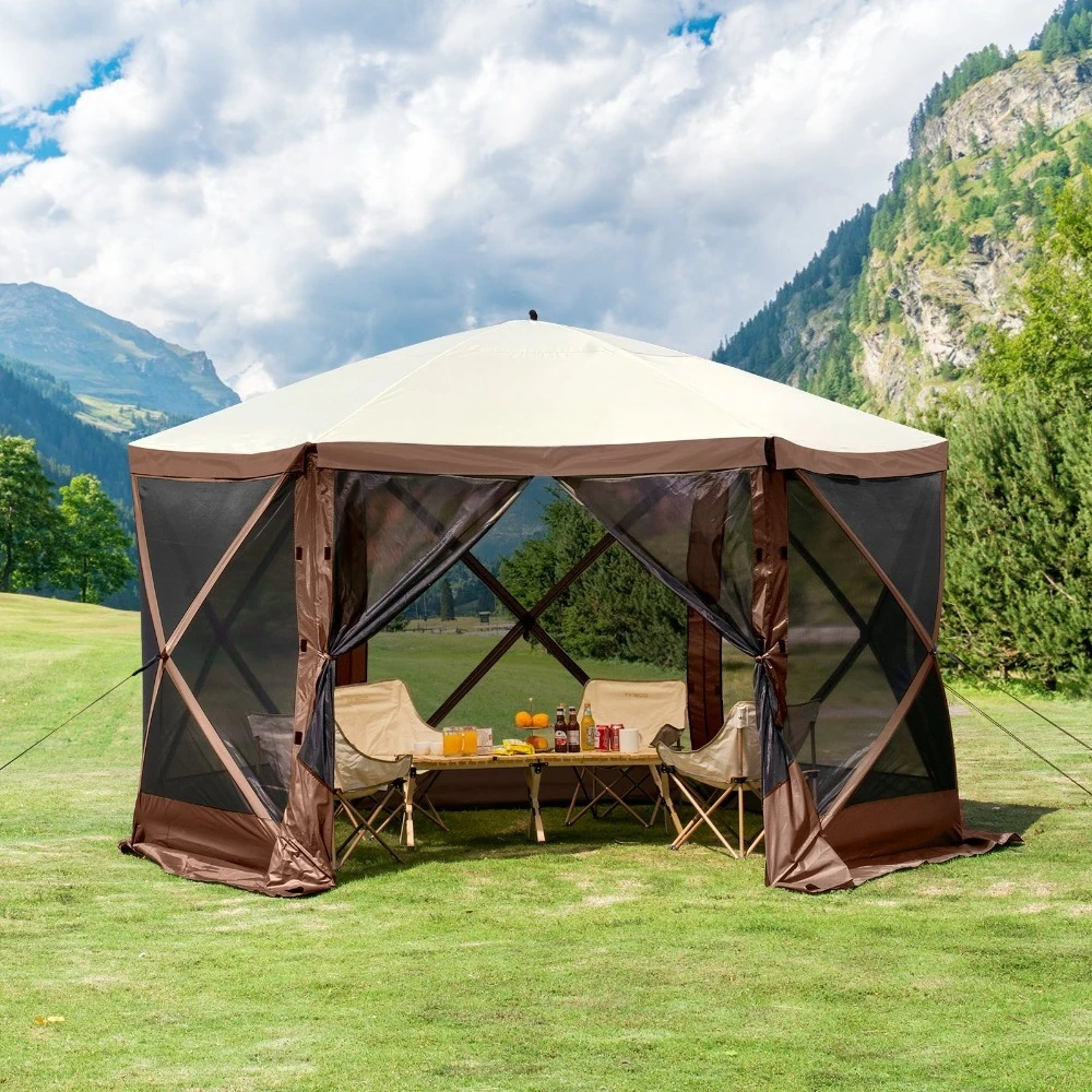 Pop-up-Pavillon, 3,81 x 3,81 m, 6-seitiges Polygon-Moskitonetz-Zelt, schnell verstellbarer Sonnenschutz mit 6 abnehmbaren winddichten Seitenwänden, Netzfenster, Tragetasche, braun Image