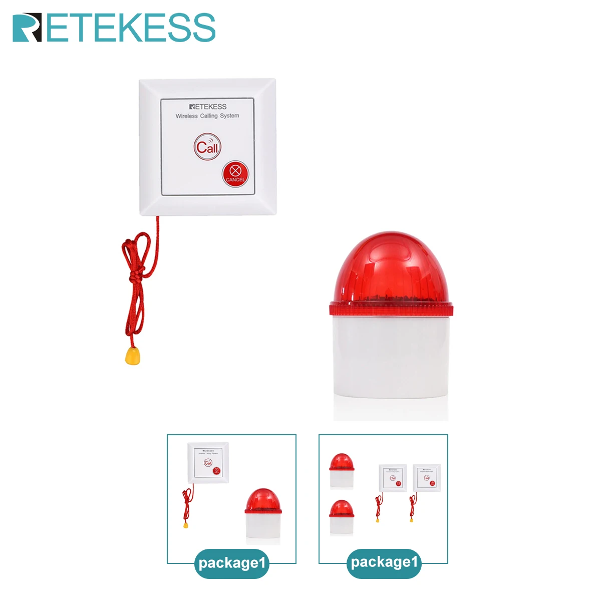 Retekess TH103P Drahtlose Stroboskop-Sirene, Pflegepersonal, Pager, Alarm, Zugseil, wasserdichter Ruftaste für die Sicherheit zu Hause, ältere Patienten Image