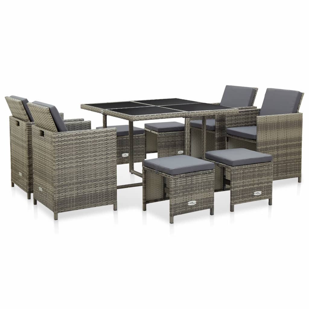 vidaXL 9-tlg. Garten-Essgruppe mit Auflagen Poly Rattan Grau Image