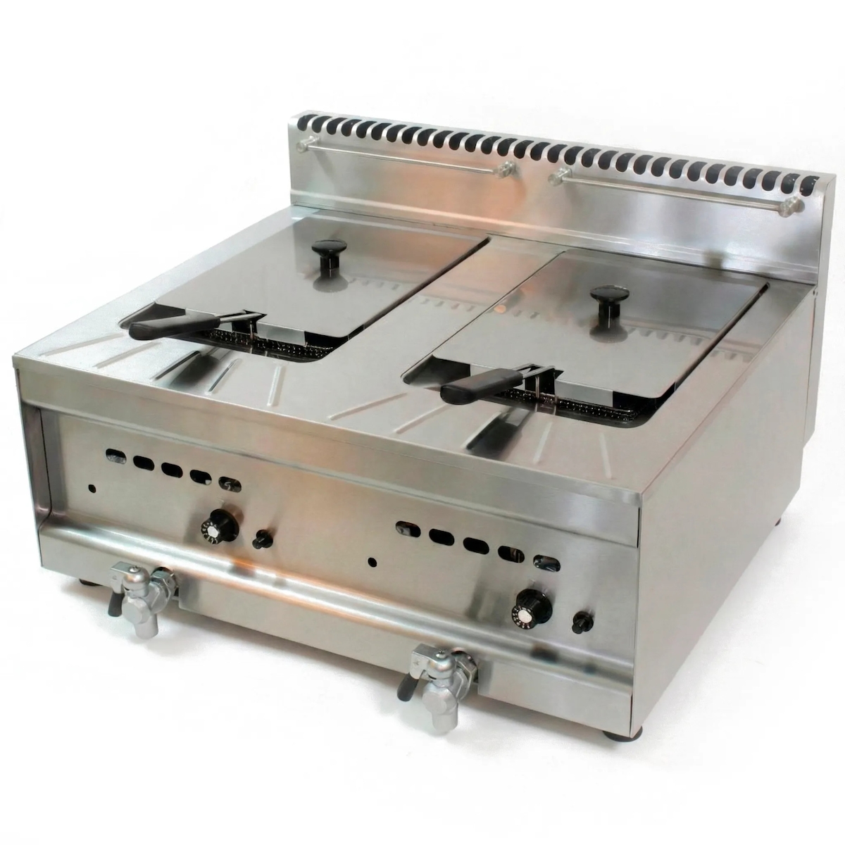 Professionelle Gasfritteuse 20 l, 2 Becken mit Ablasshahn für Gastronomie. Industrielle doppelte Tischfritteuse für Restaurantküchen. Image