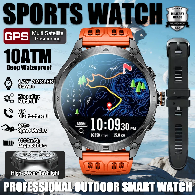 Sportuhr Neue GPS Smartwatches 1000mAh Akku Kompass 10ATM Wasserdicht Taktische Sport-Taschenlampe BT-Anruf Smart-Armband Herren Image