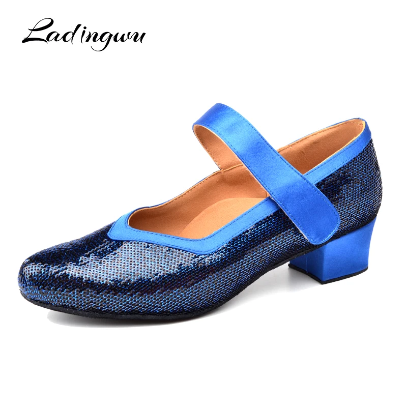Ladingwu Ballroom Dance Schuhe Für Frauen Latin Dance Schuhe Für Mädchen Niedrigen Schuhe Blau Glitter Platz Weichen Boden Tanzen Ferse 2,5 cm