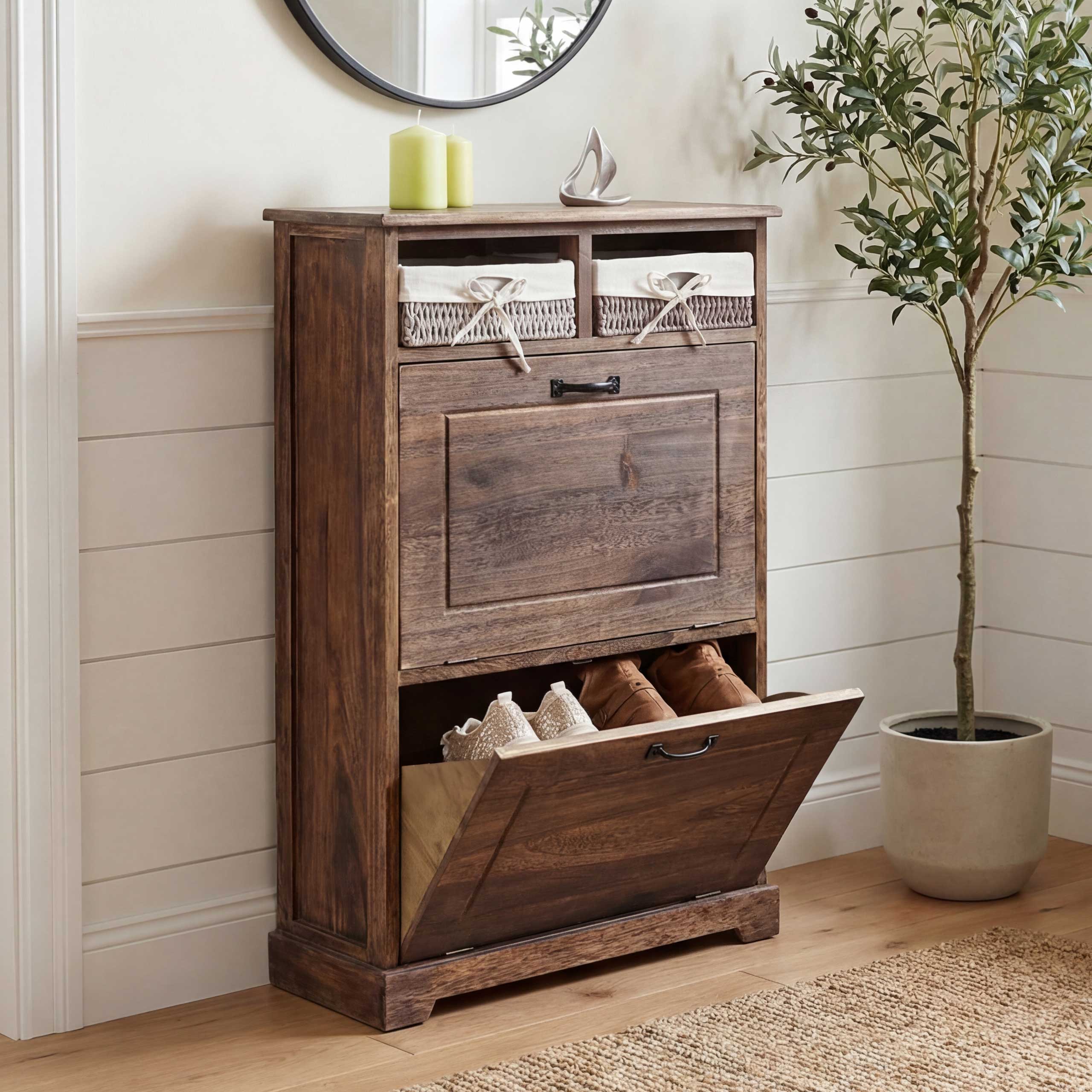 Schuhkipper HWC-H19, Schuhschrank Schuhregal Schuhablage, Massiv-Holz Shabby-Look Korb-Schublade 100x60x24cm ~ braun