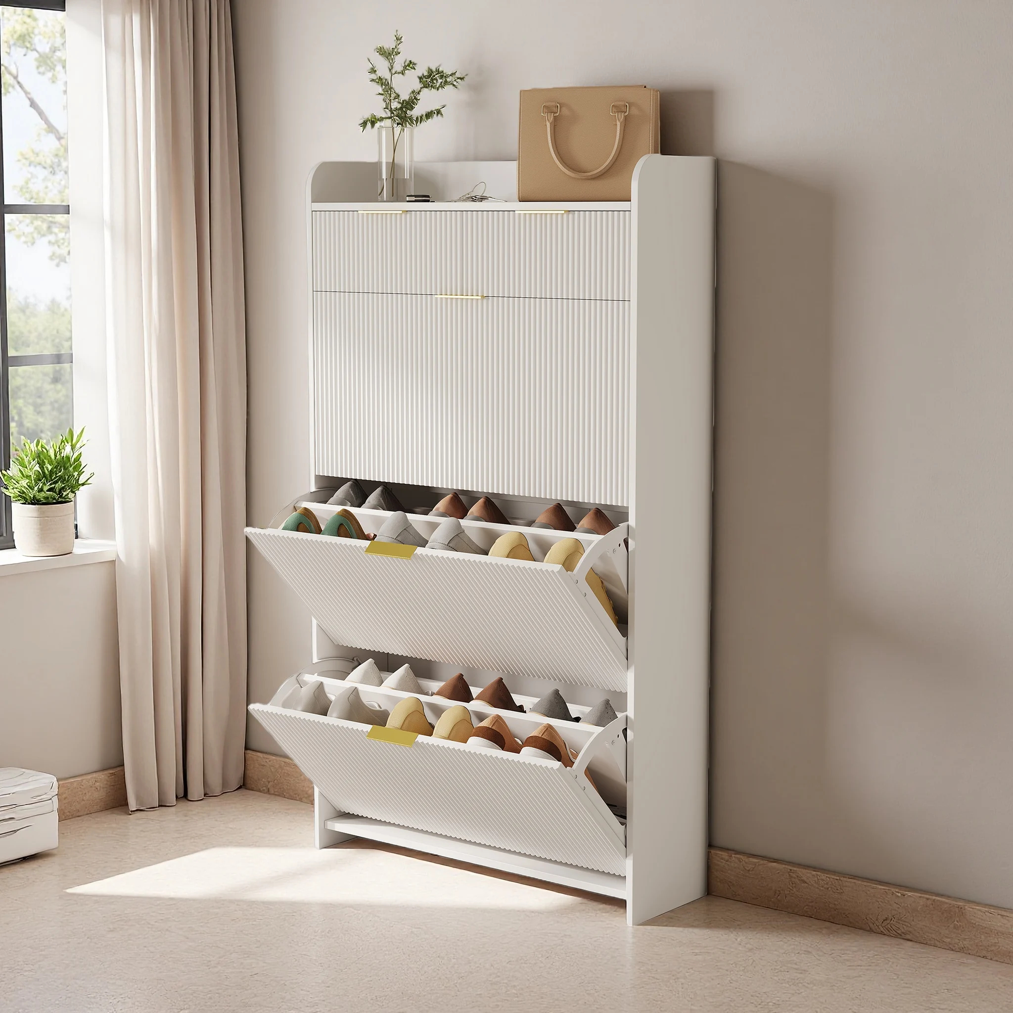 Rosahqnda Schuhschrank mit 2 herunterklappbaren Schubladen, Schuhaufbewahrung aus Holz mit Metallbeinen und Griff, modern und stilvoll, weiß