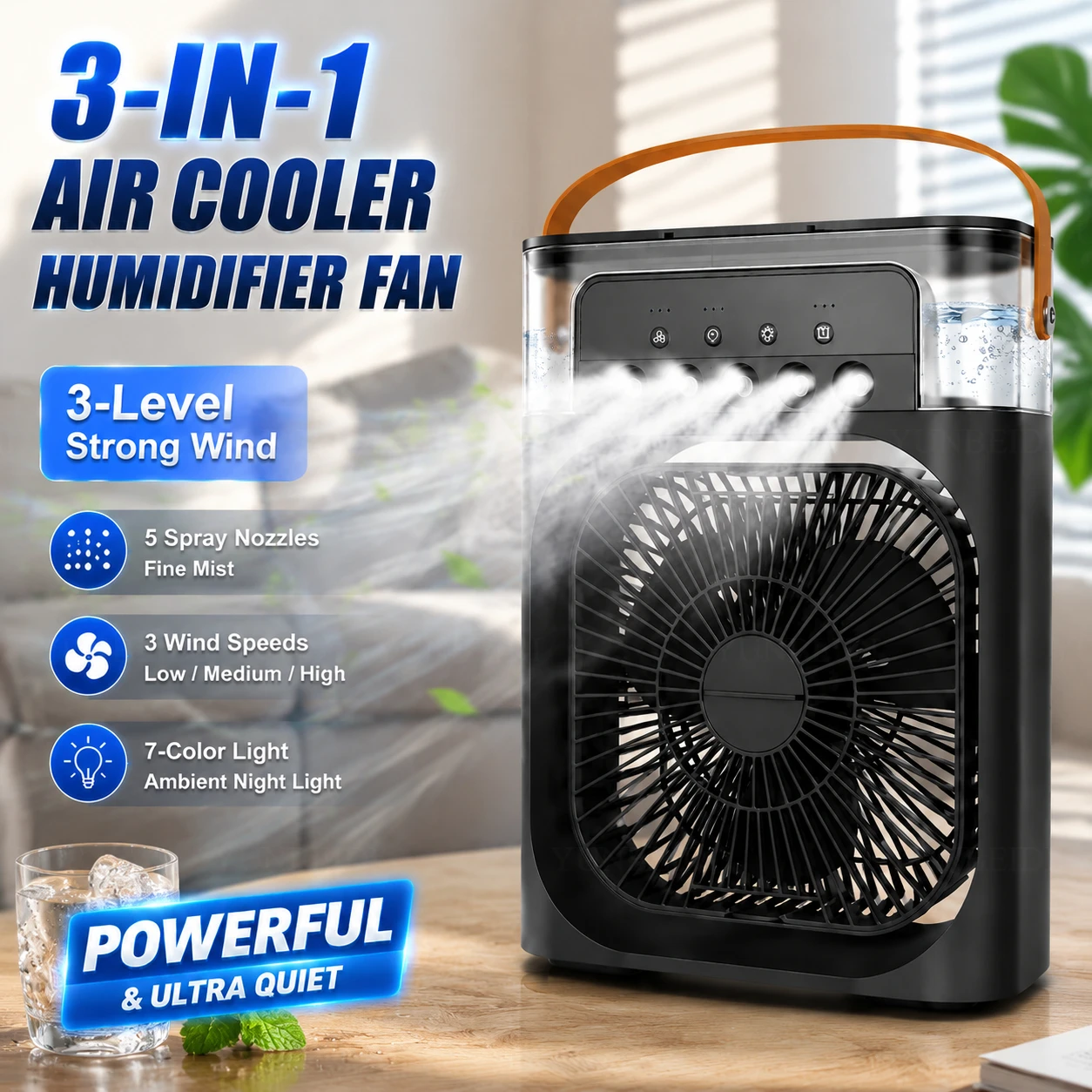 Ventilateur-climatiseur 3-en-1 avec lumière LED, humidificateur portable, ventilateur-climatiseur 3/100 vitesses, ventilateur de voyage extérieur à pulvérisation glacée
