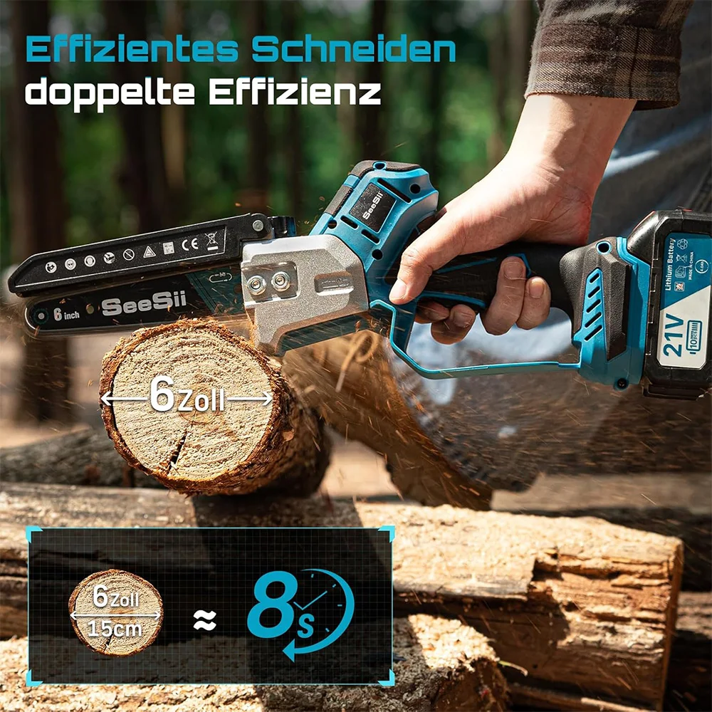 Seesii Kabellose, bürstenlose 6-Zoll-Elektrokettensäge, Elektrowerkzeuge für die Holzbearbeitung, tragbarer Garten-Astschneider für Makita 18-V-Batterie Image