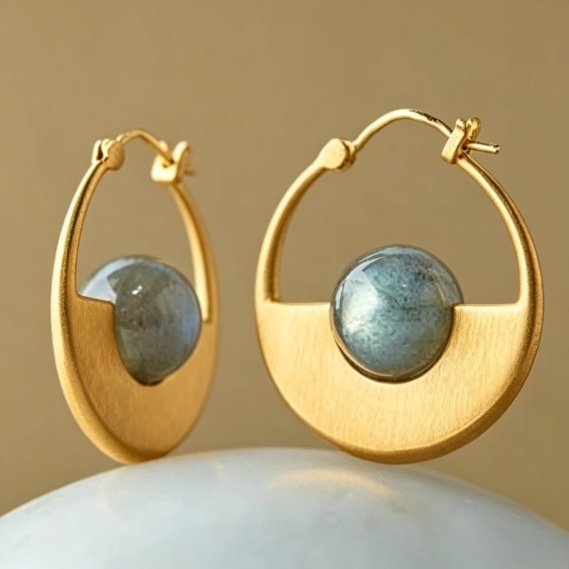Minimalistischer Stil, personalisierte graue Perlen, halbrunde goldene Creolen, elegante Damenmode, Bankett, Festival, edler Schmuck Image