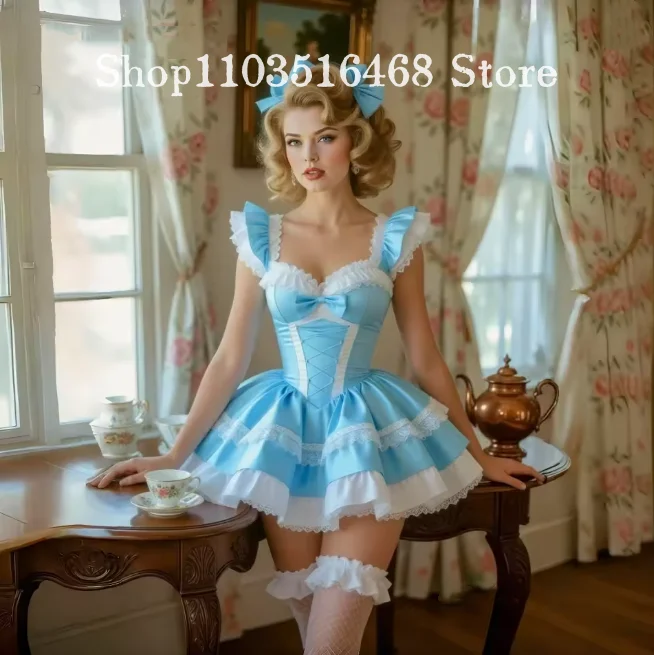 Sky-blue Sweet Short Prom Dress Customized Lace Sleeveless Mini Cocktail Dress Special Occasion Dress Cosplay Dress Birthday Par