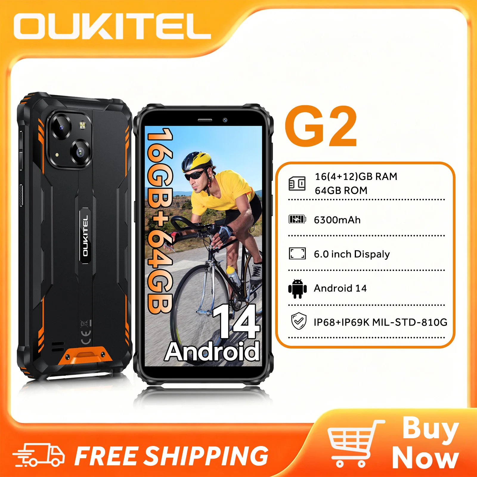 OUKITEL G2 Robustes Smartphone ohne SIM-Lock - 16+64GB Android 14 Outdoor-Handy, 6,0-Zoll-HD-Display, 6300mAh Akku, 13MP Rückkamera Image
