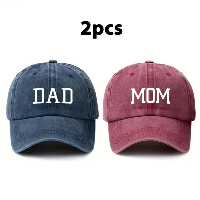 2 Stück Vintage-Style Baseballkappen im Used-Look mit Aufschrift „Dad And Mom“, Unisex Outdoor-Hüte für Vater und Mutter, verstellbare Größe, spitz zulaufend Image