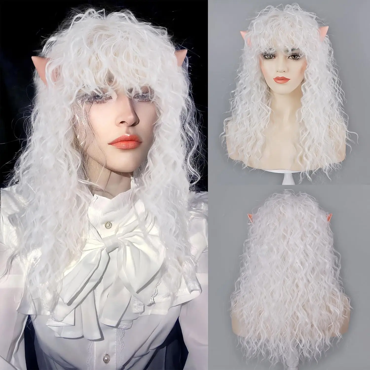 Synthetische weiße Lockenperücke und Elfenohren für Damen, Kostüm, lang, lockig, mit Pony, hitzebeständig, für Cosplay, Halloween, Weihnachtsfeier Image