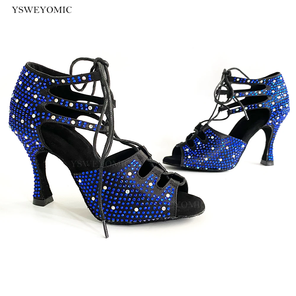 Salsa Bachata Latin Dance Schuhe Für Tanzen Frauen Weiche Sozialen Sexy Blau Strass High Heel Sommer Dance Sandale Tanz Schuhe
