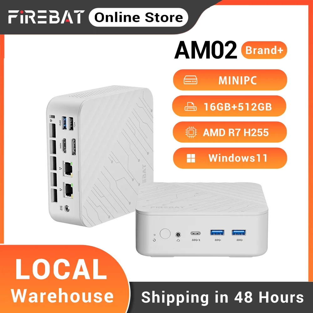 FIREBAT AM02 Mini PC AMD Ryzen 7 H255 DDR5 16GB RAM M.2 PCIe 512GB SSD WiFi6 BT5.2 1000M LAN Portable Windows11 Desktop Computer