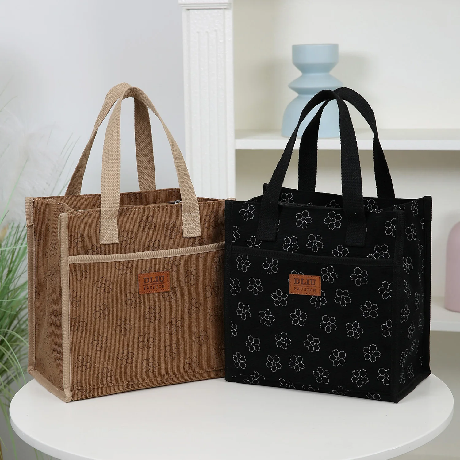 DLIU, neuer Stil, Cordmaterial, Tragetasche, Lunchbag, Lunchbox-Aufbewahrungstasche, mit Aluminiumfolie gefüttert, vielseitig einsetzbar für den Arbeitsweg Image