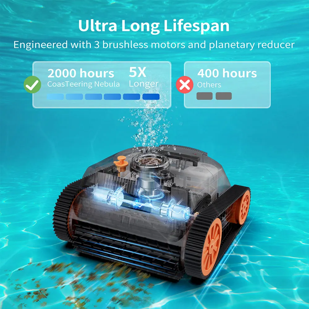 Robot nettoyeur de piscine sans fil automatique, aspirateur de piscine, nettoyage des parois et des lignes d'eau, navigation intelligente, moteur sans balais, autonomie de 180 minutes, CoasTeering Nebula, robot nettoyeur de piscine pour piscine...