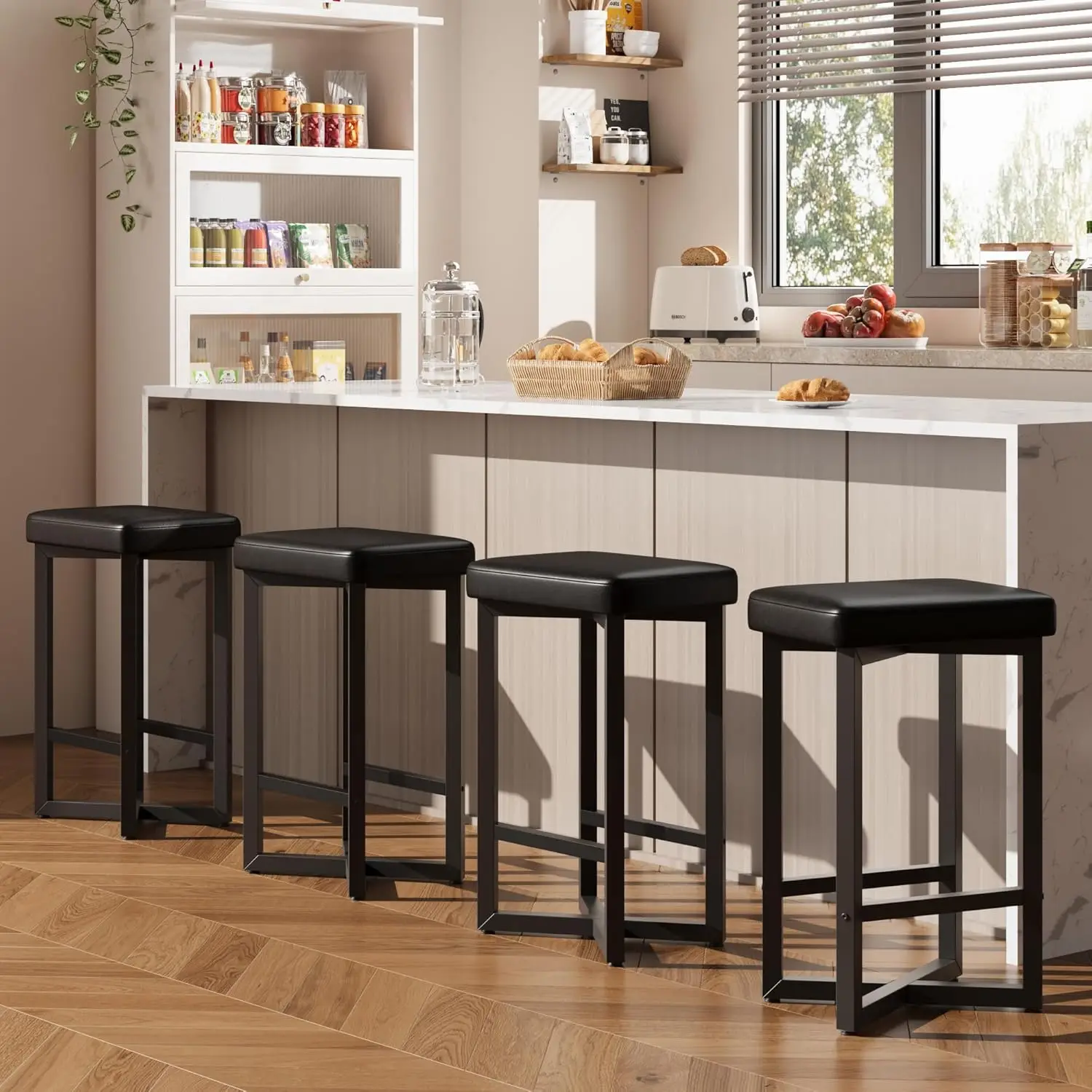 Modernes Barhocker-Set, 62,5 cm Sitzhöhe – Rückenlehnenlos, gepolsterter PU-Ledersitz, Metall-X-Gestell & Fußstütze – Für Kücheninsel, Esszimmer, Hausbar – Schwarz, 4 Stück