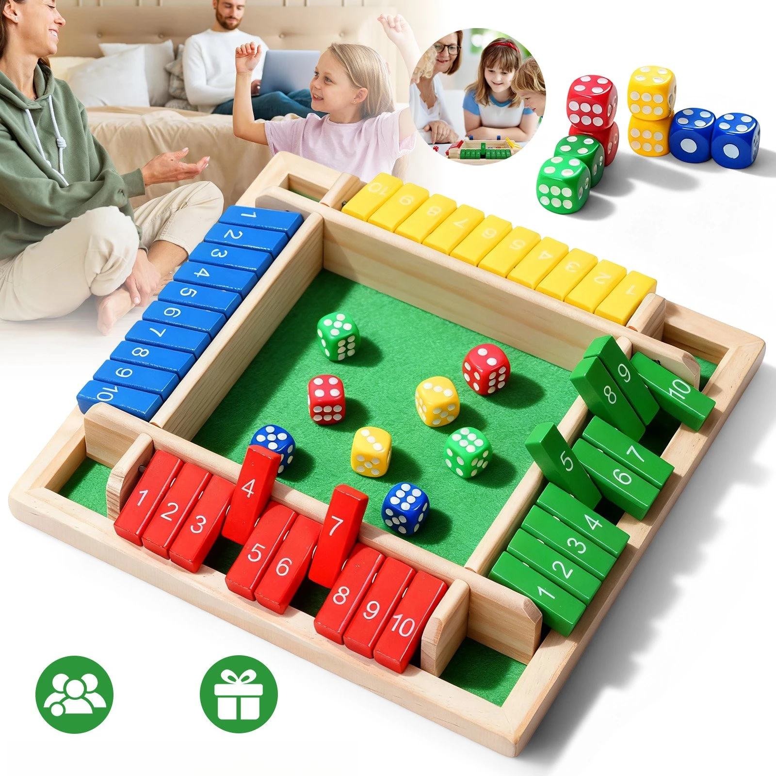 Jeu de dés en bois, jeu éducatif Shut The Box pour 4 joueurs, jeux en bois de haute qualité, jeu tactique de table coloré avec 8 dés, jeux de dés pour adultes et enfants, jeu de société pliable pour