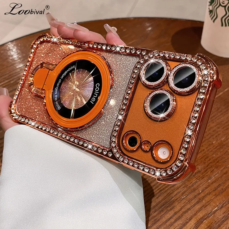 Glitzer-Diamant für MagSafe Halterungshülle für iPhone 16 17 Pro Max 15 14 13 Kameraschutz Halter Ständer Bling Farbverlauf Cover Image