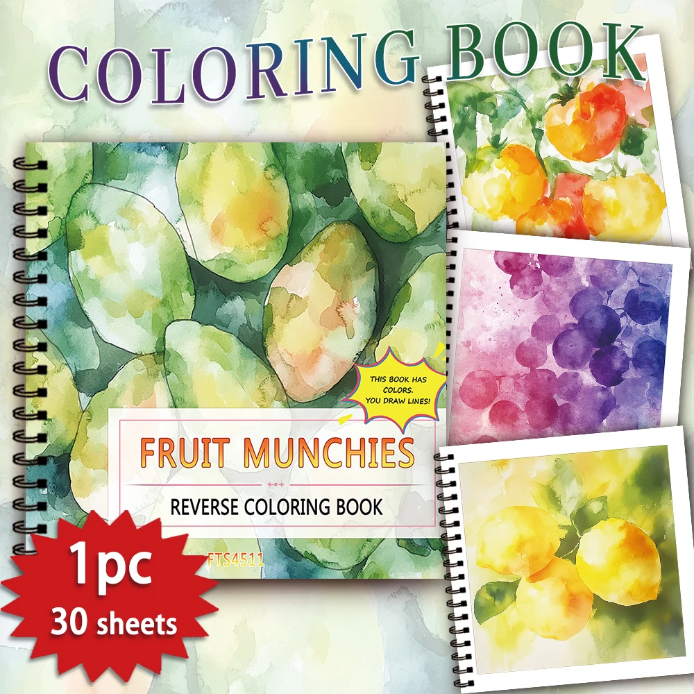 1 Stück Aquarell-Frucht-Rückwärts-Malbuch, 30 dicke Seiten à 100 g/m2, kreative Linienaktivitäten, perfektes Geschenk für Familie und Freunde Image