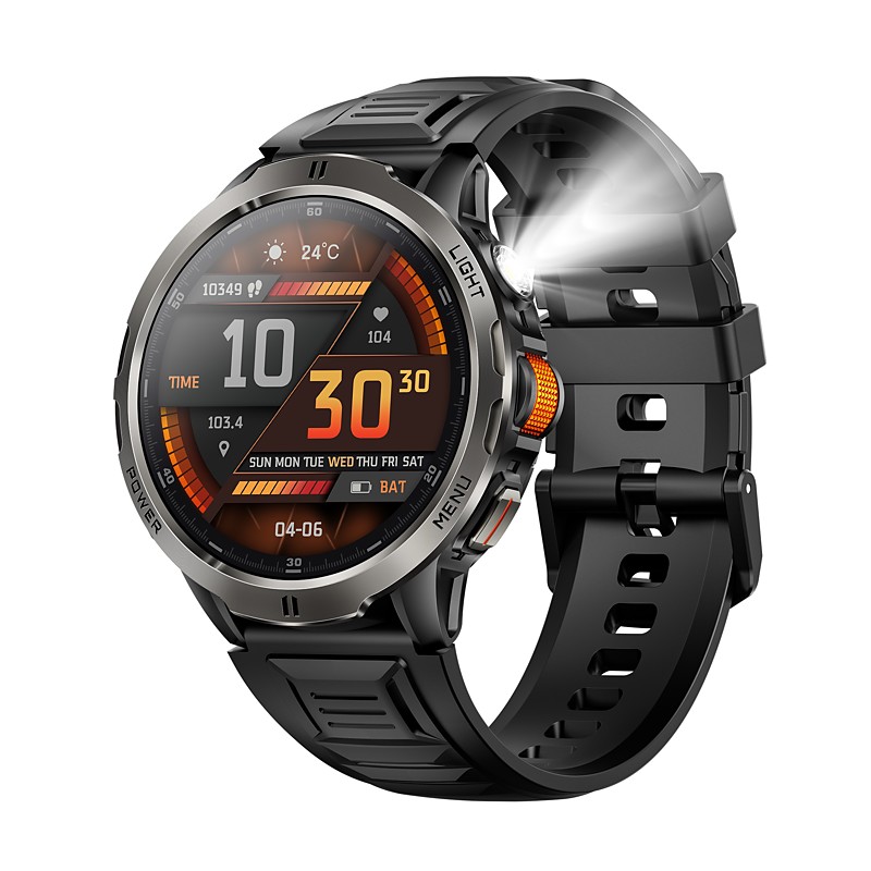 Rugged Smart Watch for Men with Flashlight, 1100mAh Large Battery Outdoor Tactical Watch, 3ATM Waterproof Fitness Tracker with Heart Rate Sleep Monitor, Smart Scroll Wheel for Hiking Camping