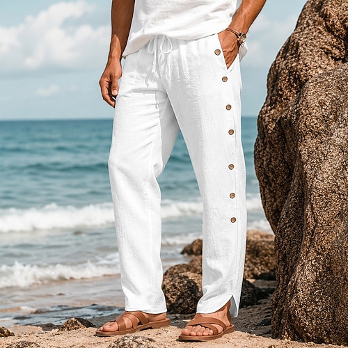 Herren Leinenhosen Hose Sommerhose Kordelzug Elastischer Bund Seitenknopf Einfach Komfort Atmungsaktiv Volle Länge Lässig Täglich Strand Mode Klassicher Stil Weiß Khaki Unelastisch Image