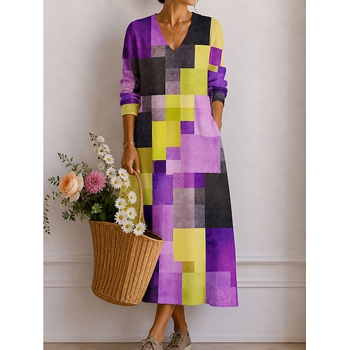 Damen Midikleid Sommerkleid Freizeitkleid A Linie Kleid Urlaub Stilvoll Lässig Ferien Normale Passform Grafik Geometrisch Langarm V Ausschnitt Rote Purpur Orange Sommer Frühling Image