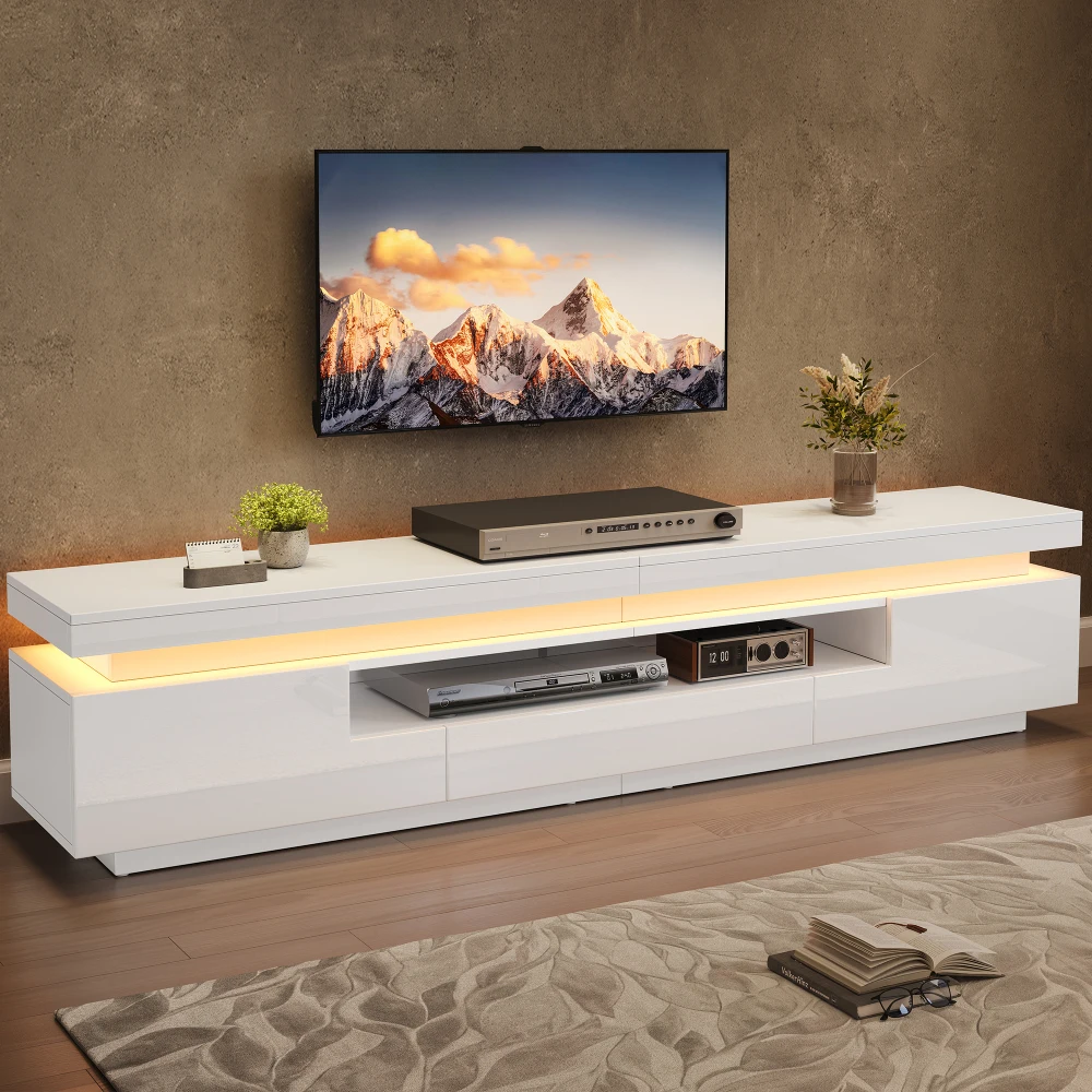 Meuble TV de salon 175*38*45cm avec 2 armoires en forme de L et 1 tiroir, meuble de salon brillant avec LED, meuble bas avec espace de rangement semi-ouvert, meuble TV sur pied pour téléviseurs de 75