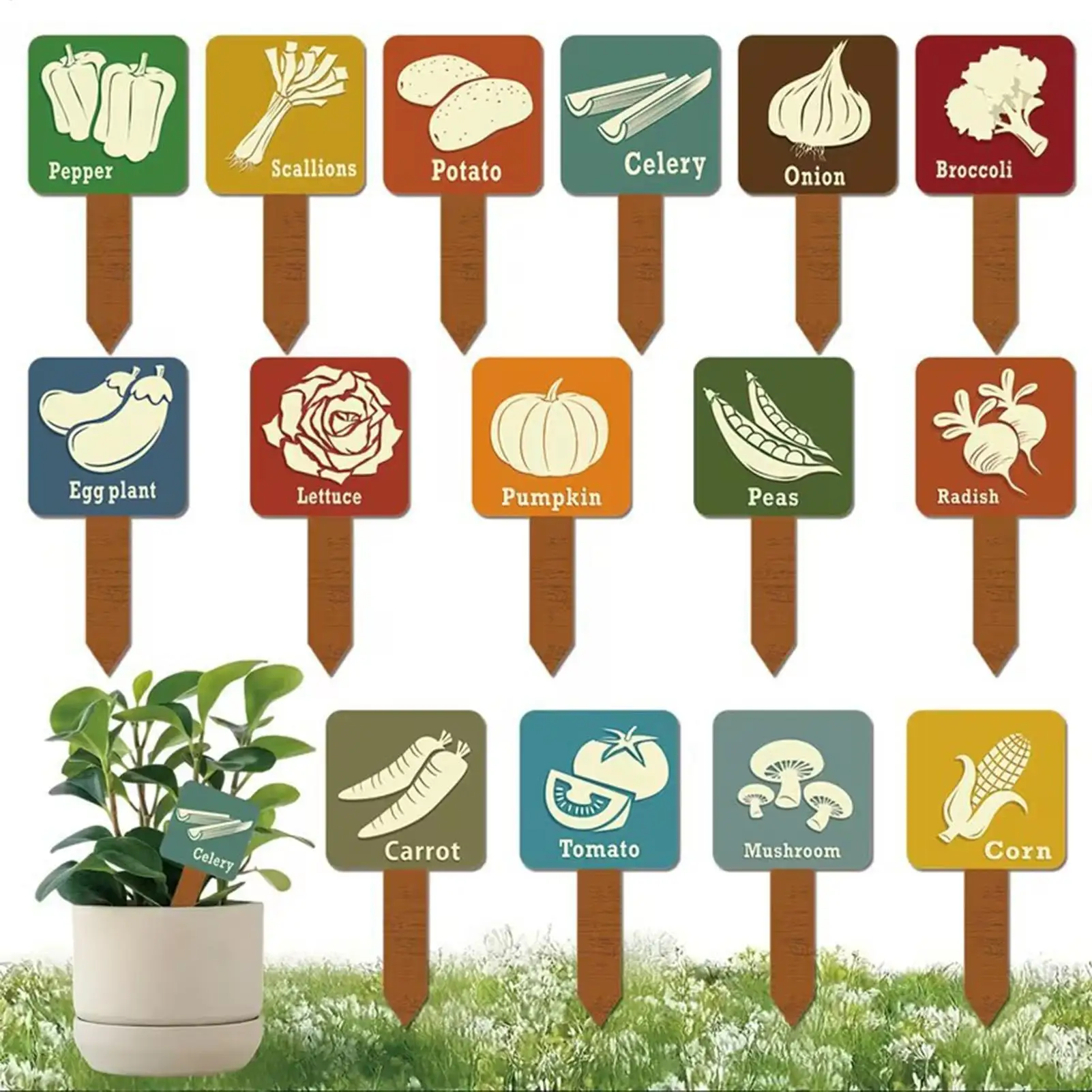 Pflanzenetiketten 15 Stück Gemüsenamensschilder mit Muster Holz-Gartenschilder für Samen, Innen- und Außenpflanzen, Topfpflanzen-Etiketten Image