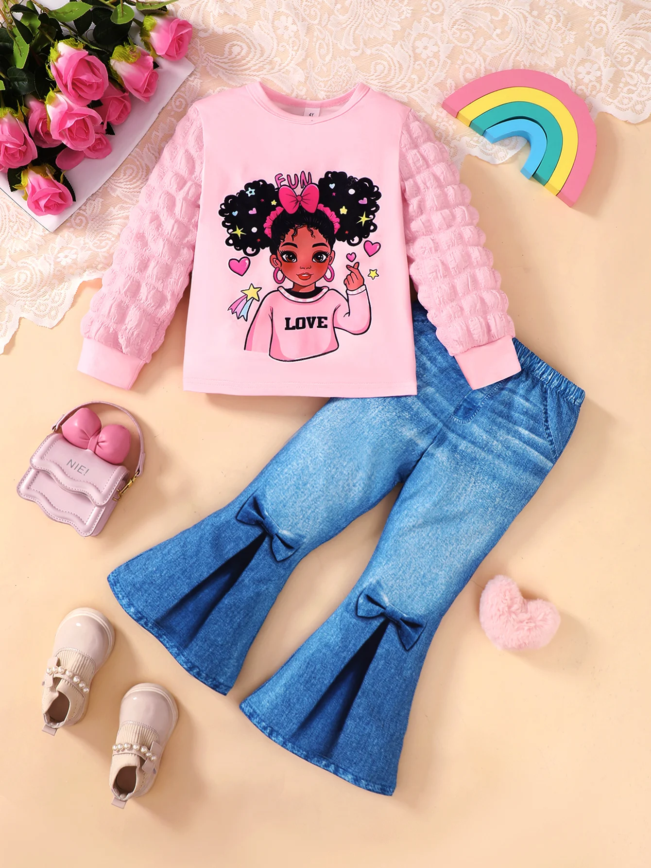 Winter 4-7 Jahre alt Coole Mädchen kleines Mädchen bedruckte Langarm- und Denim-Jeans 2-teiliges Set Image