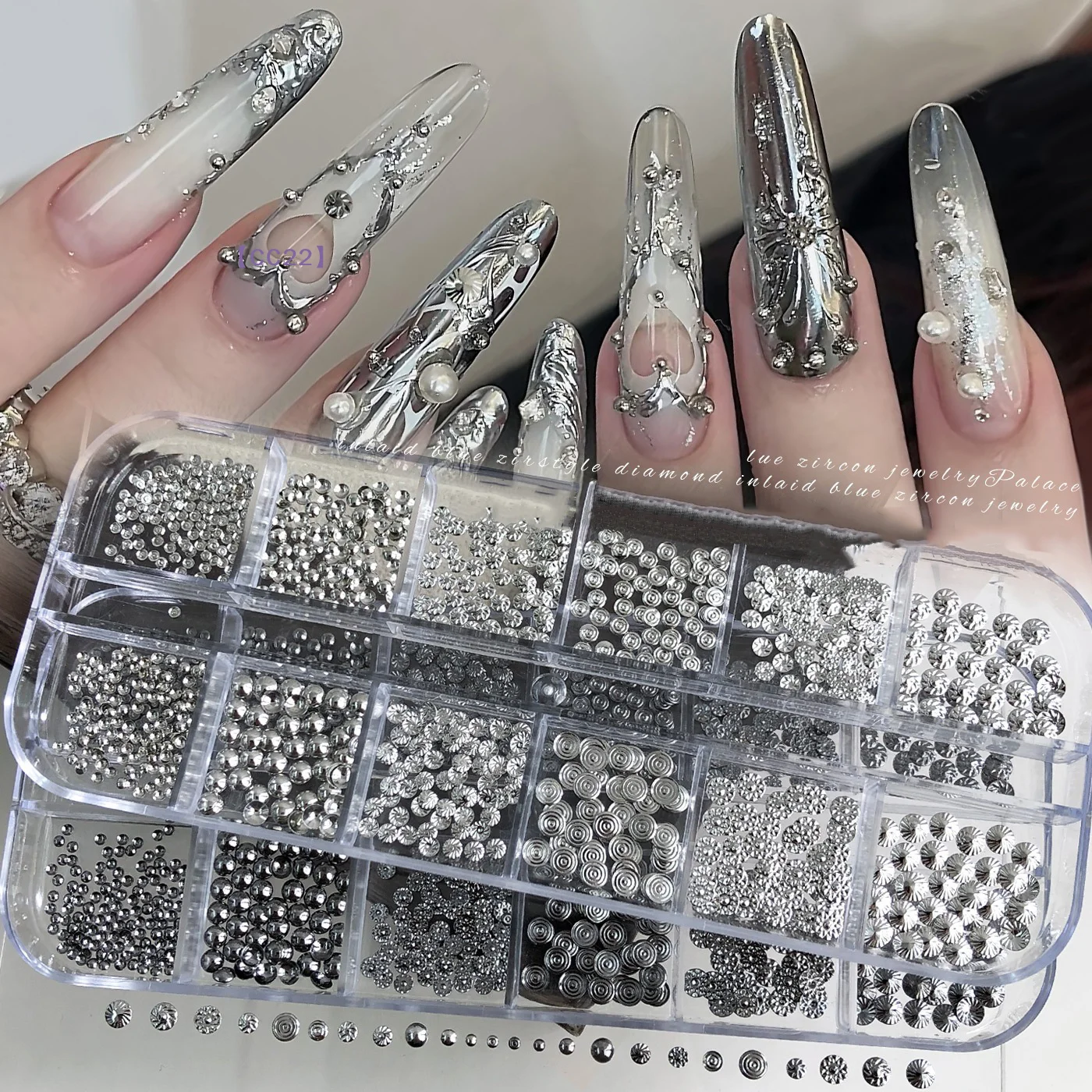 【CC22】12 Gitter mit gemischten silber-schwarzen Nagelnieten im Punk-Stil, Metall-Charms für DIY-Maniküre-Dekorationen <!-- Variable C wurde nicht definiert -->