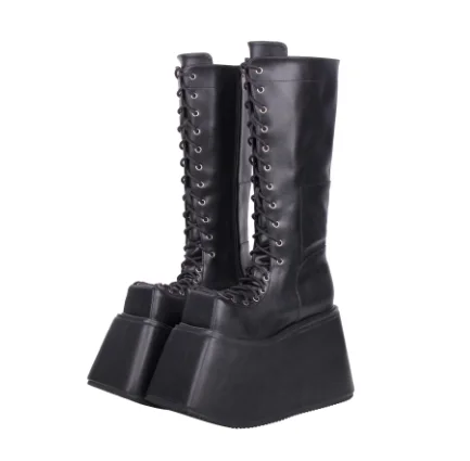 Punk Stil Schwarz Karree Mitte Der Wade Plattform Frauen Stiefel Keile Super High Heels Haken Schleife Design Große Größe schuhe