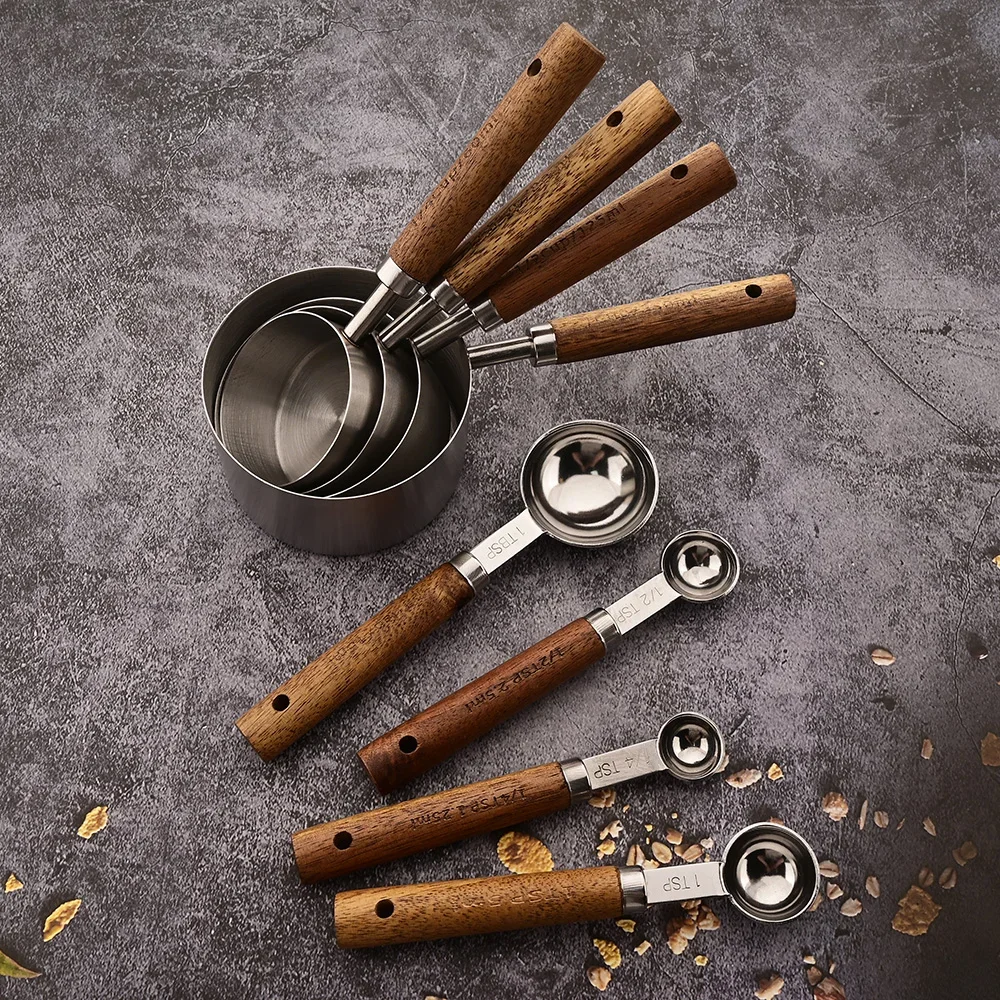 1/4/8Pcs Messbecher Löffel Sets Edelstahl Holzgriff Kaffee Mehl Scoop Bartending Skala Küche kochen Gadget Sets Image