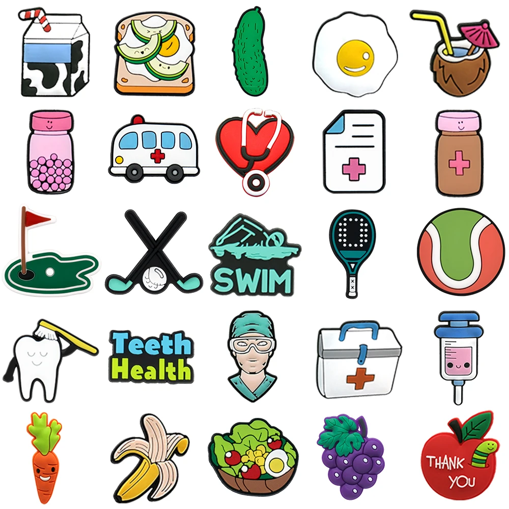 1/25 Stück Niedliche Lebensmittel- & Gesundheitsthemen PVC-Schuh-Charms für Clogs, Milchkarton, Krankenwagen, Tennisball DIY-Zubehör für Kinder & Jugendliche