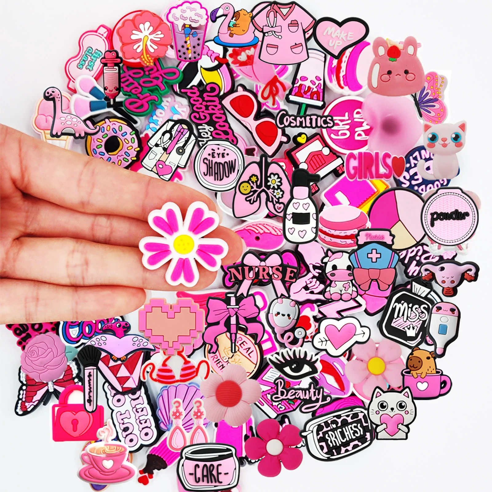 Zufällige Auswahl von 10-100 Stück rosa Schuh-Charms für Schuhe, Schlüsselanhänger, Sandalen, Strandtaschen, DIY-Schuhdekorationen, Schuh-Accessoires, Schuh-Pins