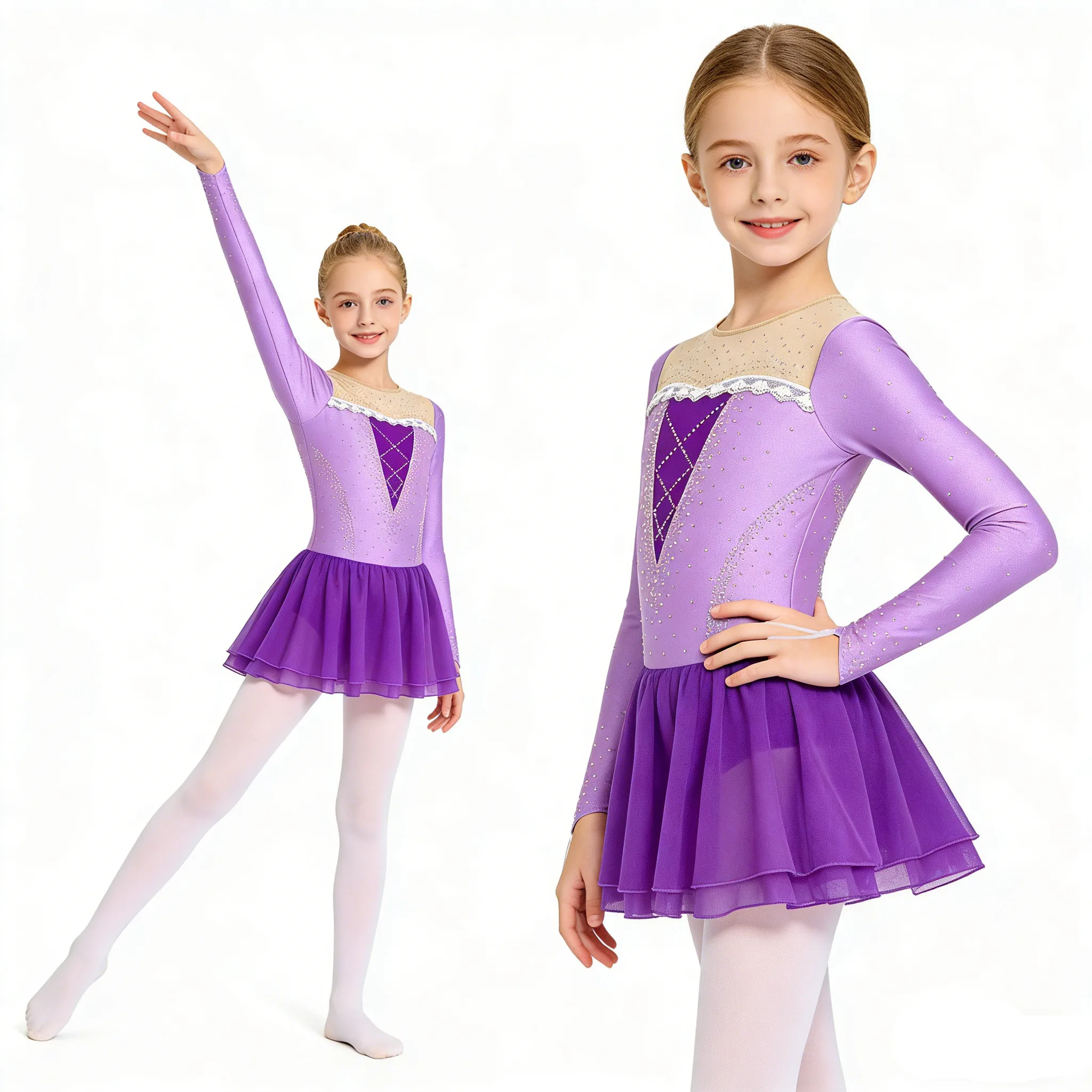 Robe de danse de patinage artistique pour filles de 6 à 16 ans, à manches longues, avec strass et maille, pour le ballet, la gymnastique et l'acrobatie - Aliexpress FR