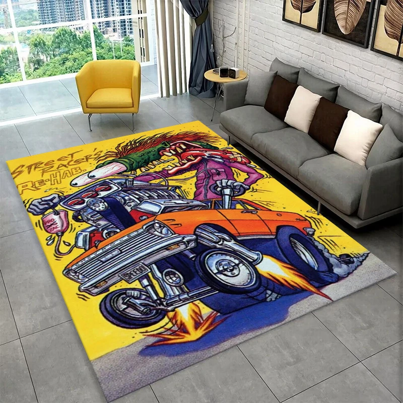 3D Rat Fink Cartoon Rennwagen Motorrad Teppich für Schlafzimmer Wohnzimmer Sofa Fußmatte Heimdekoration, Kinder-Spielbereich Rutschfester Teppich Image